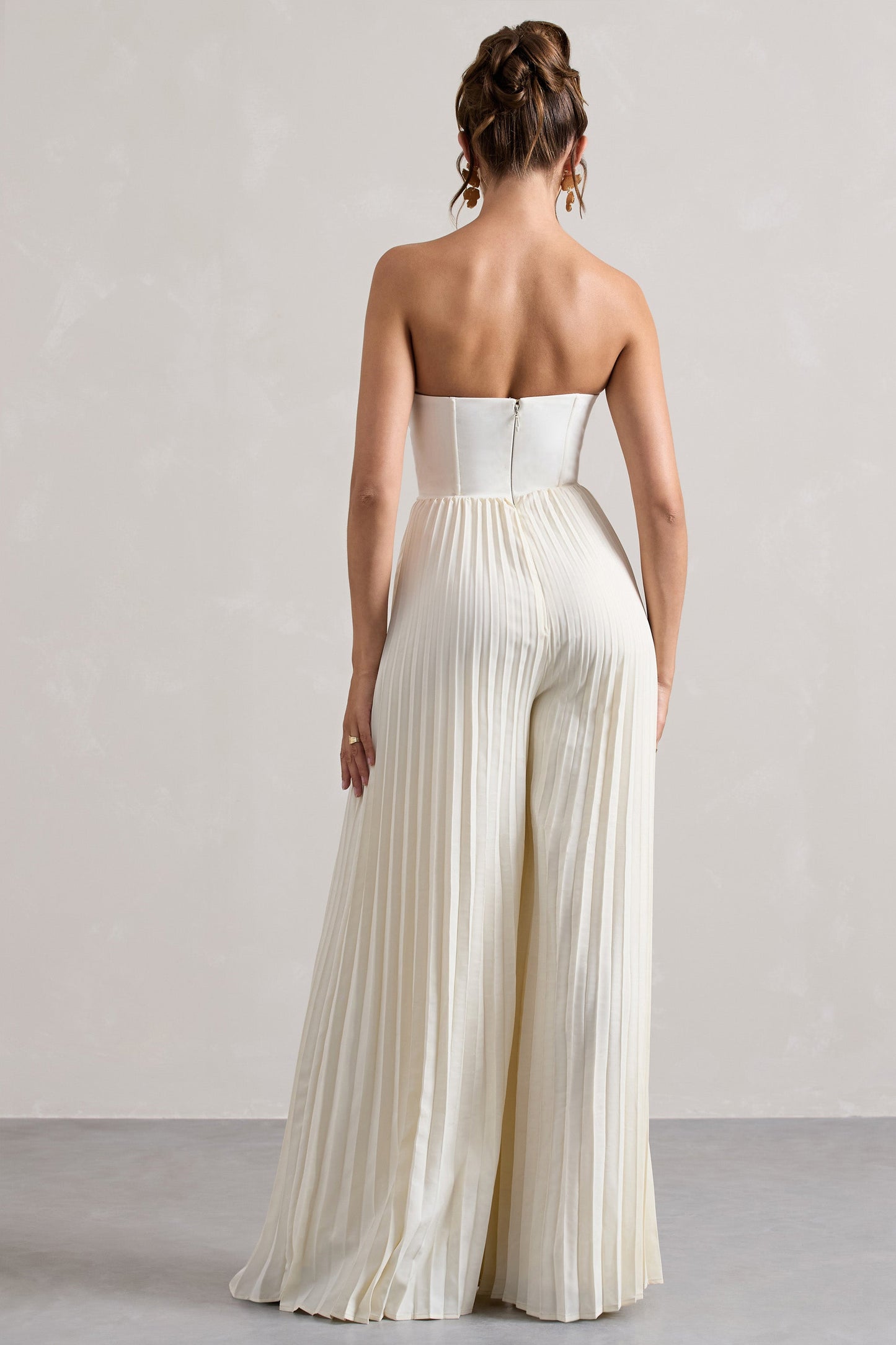 Lorelai | Cream Corset Plisse Wide-Leg Jumpsuit