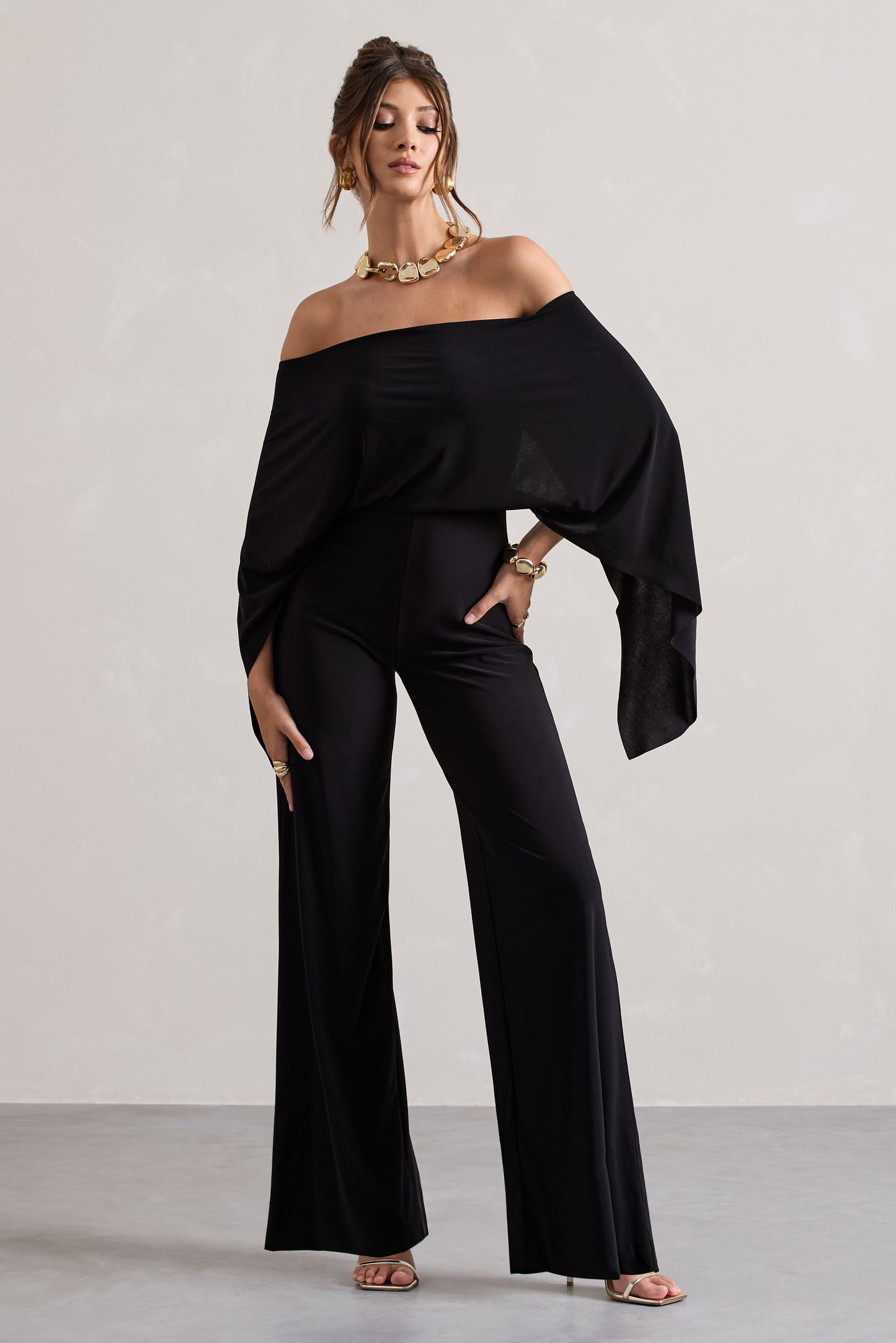 Kori | Black Bardot Wide-Leg Jumpsuit With Cape